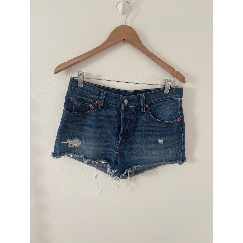 Levi's 501 Denim Shorts Distressed Cutoff Blue‎ Button Fly Women's W28